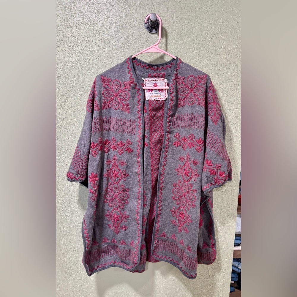Johnny Was Gray Cardigan with Pink Embroidery Boho Size S